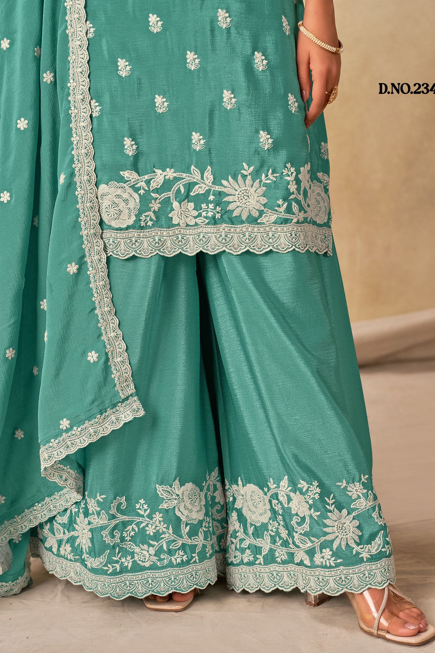 Rama Chinon Silk Wedding Plazo Dress for Women with Thread Embroidery