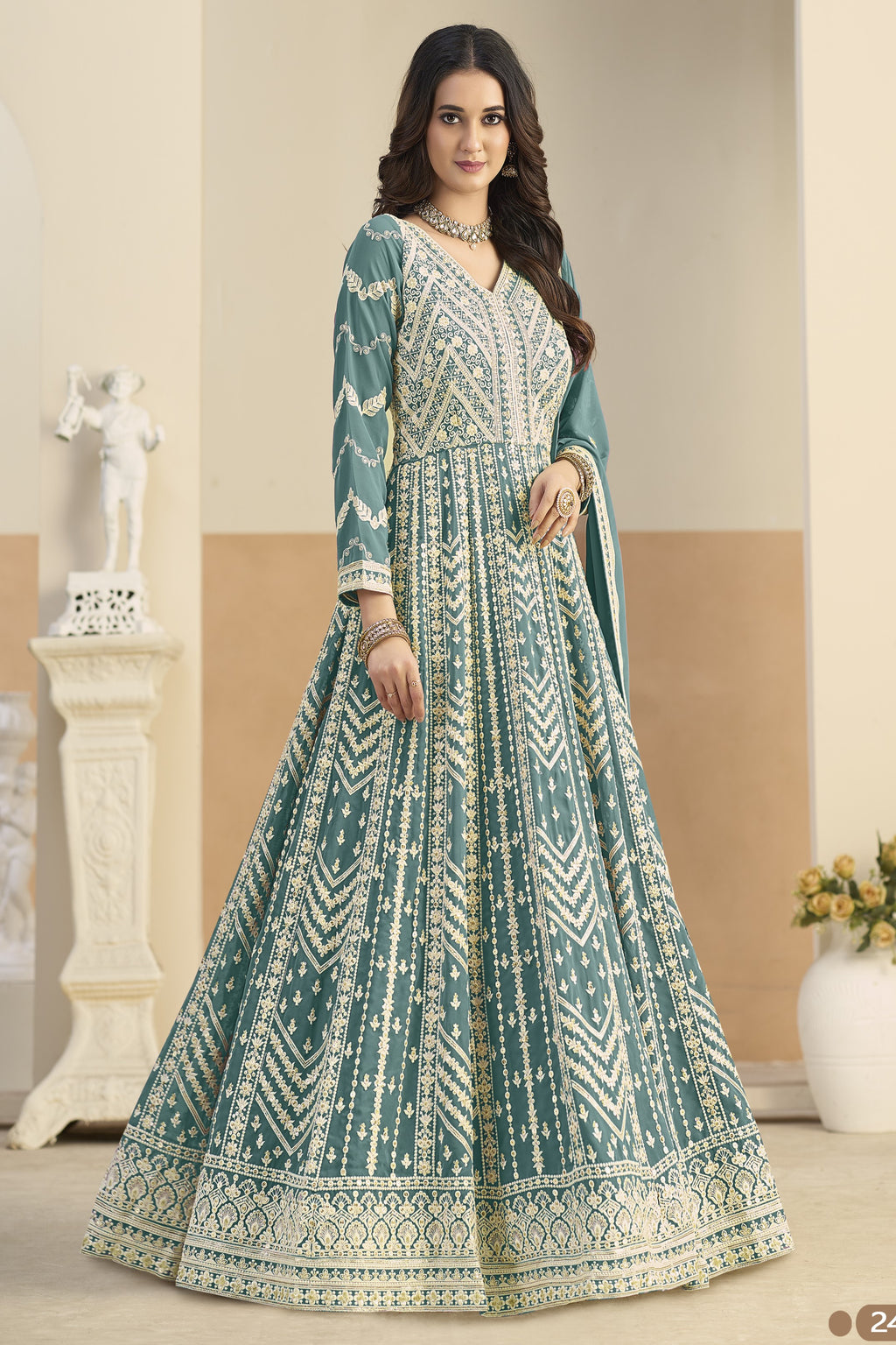 Teal Georgette Anarkali Dress for Sangeet with Thread Sequins Embroidery