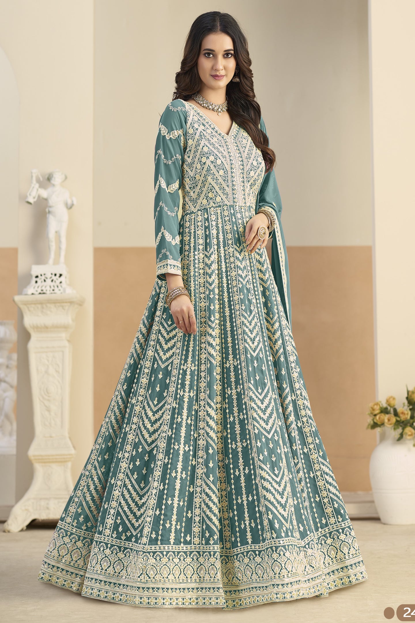 Teal Georgette Anarkali Dress for Sangeet with Thread Sequins Embroidery