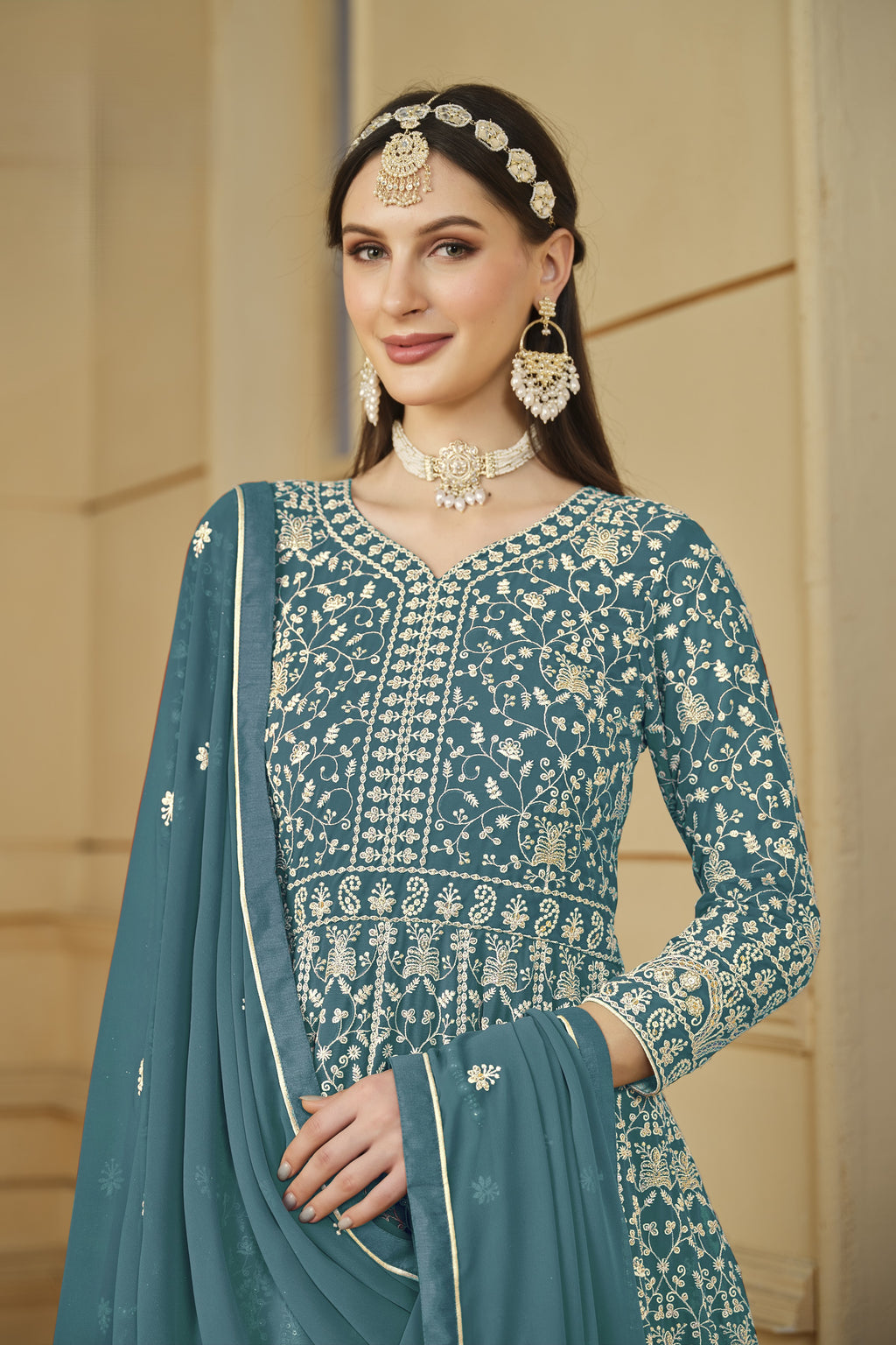 Rama Georgette Anarkali for Wedding Function with Sequins Embroidery