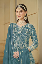 Rama Georgette Anarkali for Wedding Function with Sequins Embroidery