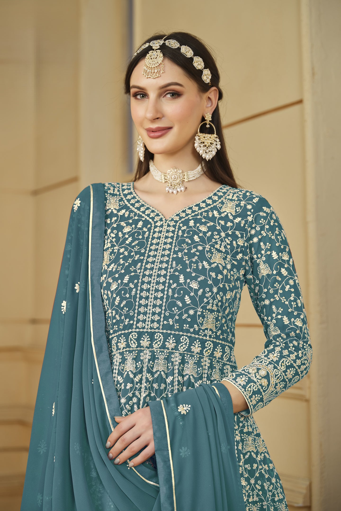 Rama Georgette Anarkali for Wedding Function with Sequins Embroidery
