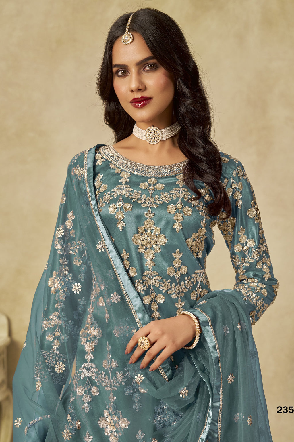 Rama Net Plazo Suit Design for Wedding with Thread and Sequins Embroidery