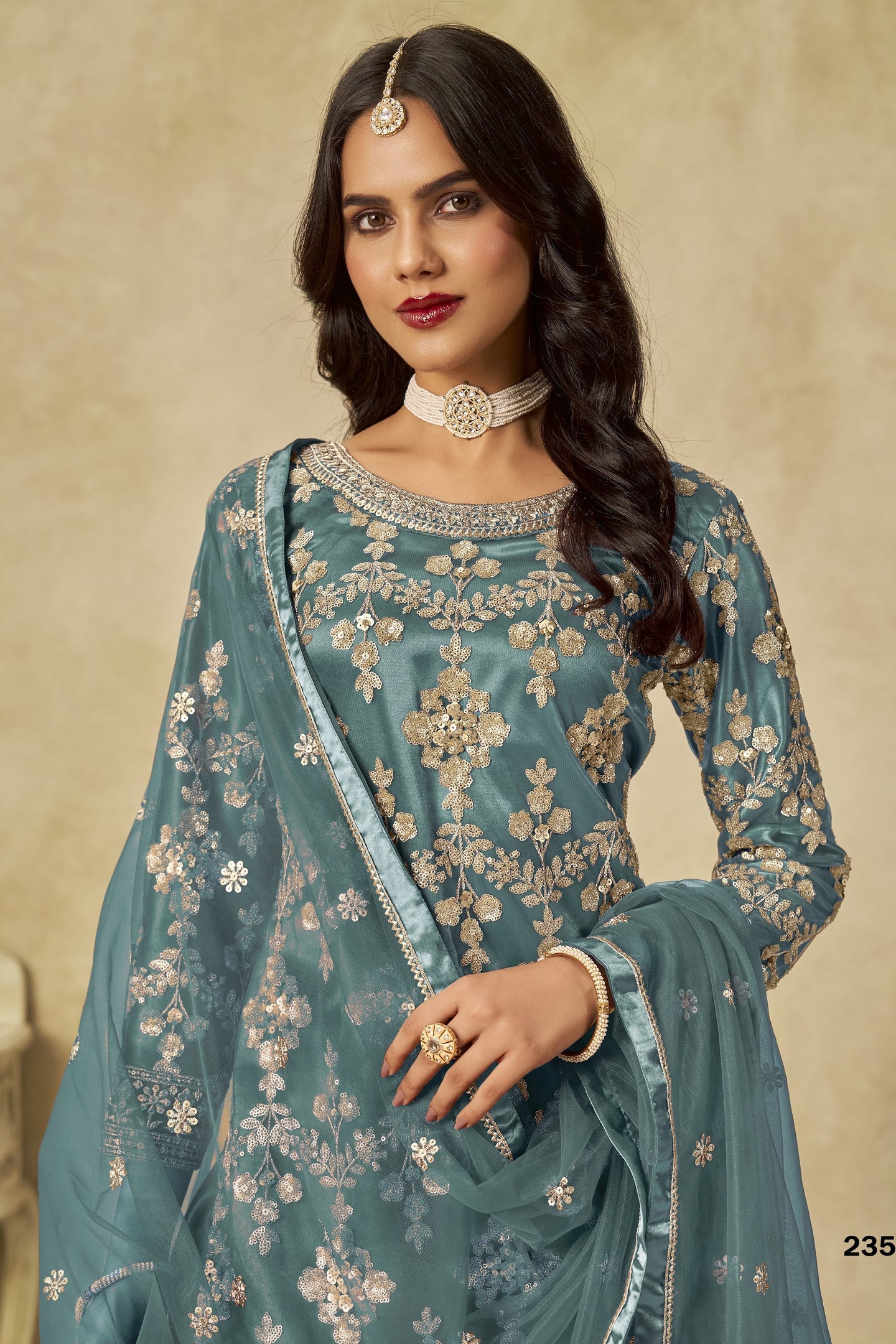Rama Net Plazo Suit Design for Wedding with Thread and Sequins Embroidery