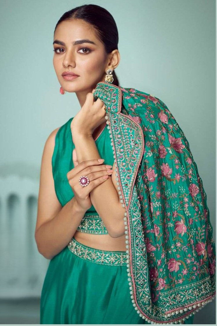 Green Chinon Silk Indian Wedding Dresses with Mirror Work
