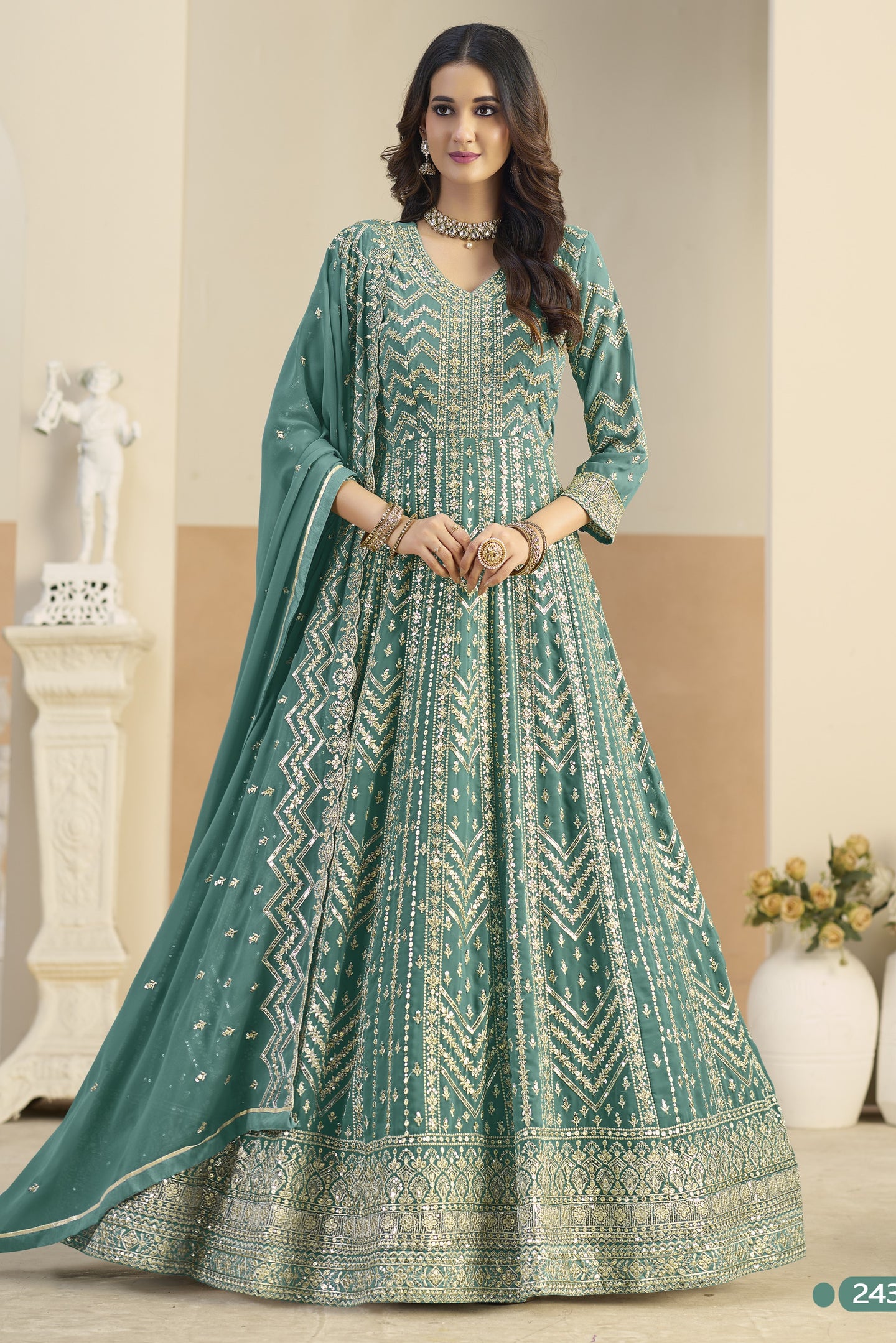 Teal Georgette Anarkali Dress for Wedding with Thread & Sequins Work