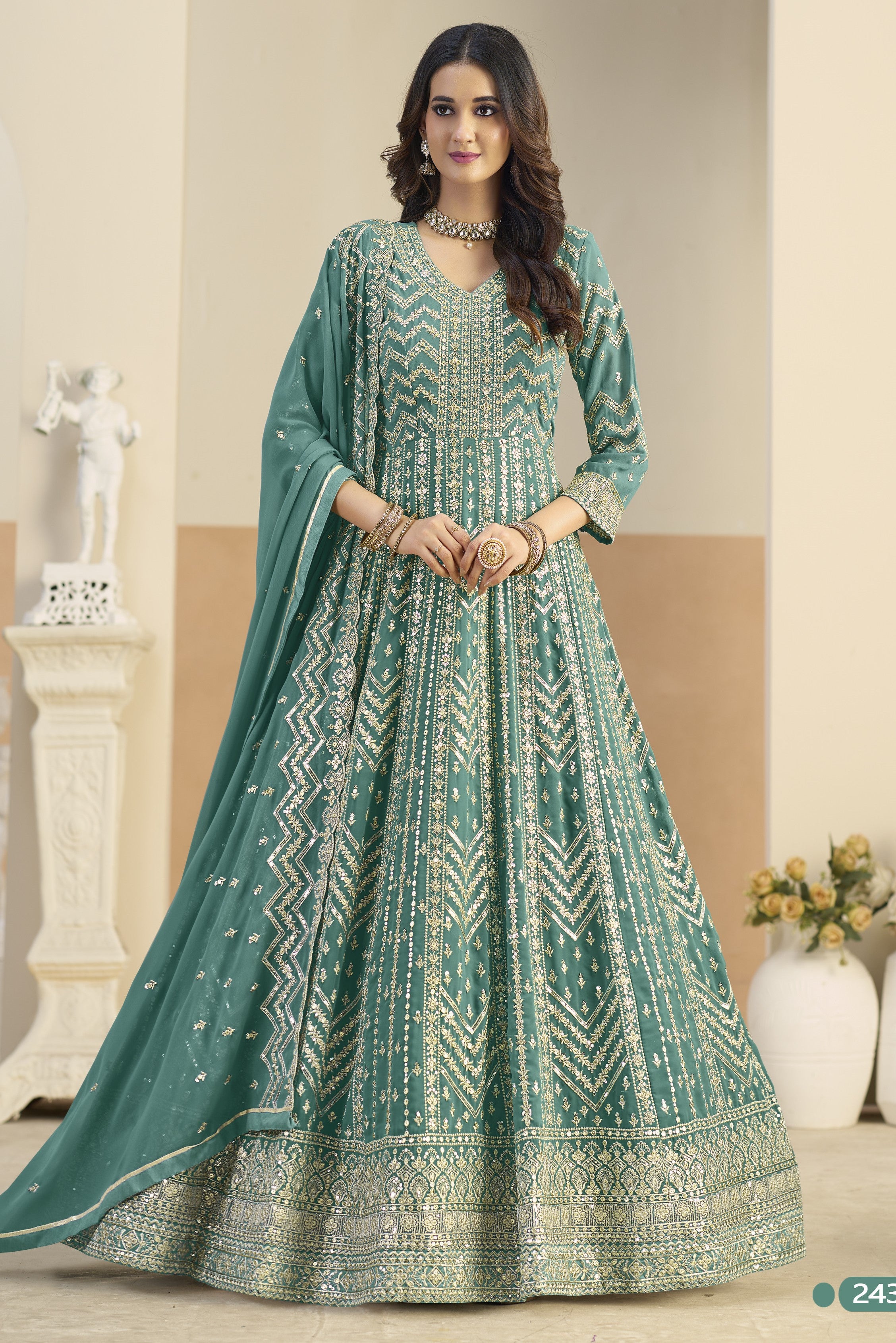 Teal Georgette Anarkali Dress for Wedding with Thread & Sequins Work
