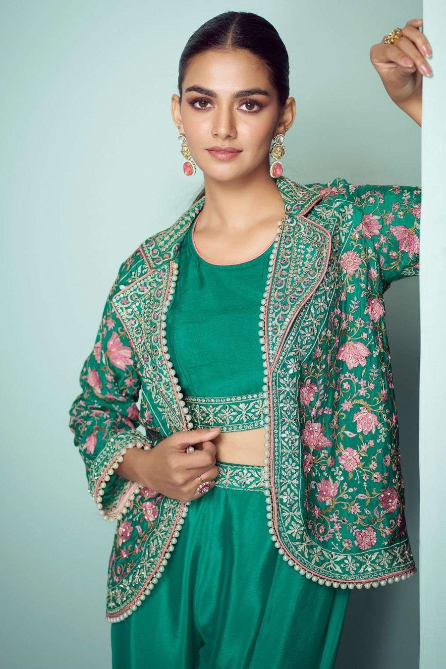 Green Chinon Silk Indian Wedding Dresses with Mirror Work