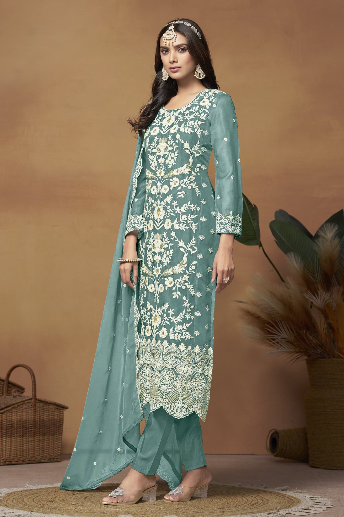Rama Organza Embroidered Pant Style Suit with Thread and Sequins Work