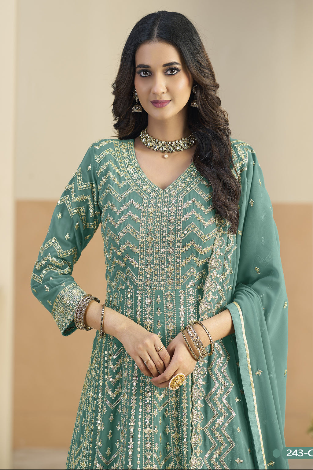 Teal Georgette Anarkali Dress for Wedding with Thread & Sequins Work