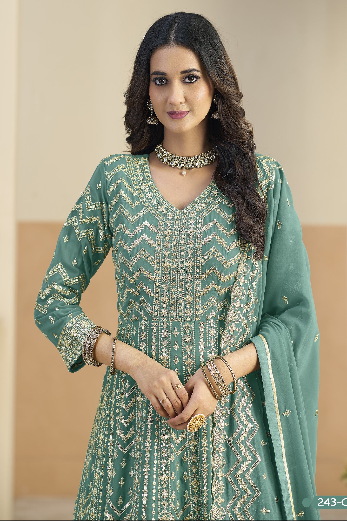Teal Georgette Anarkali Dress for Wedding with Thread & Sequins Work