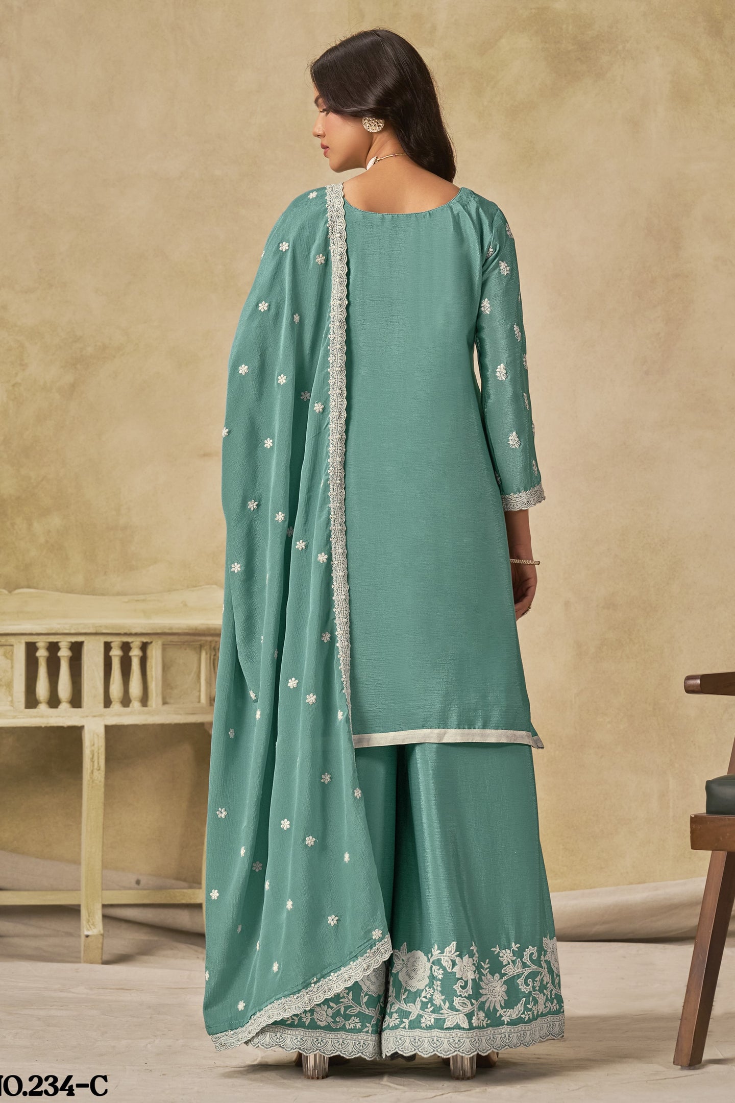 Rama Chinon Silk Wedding Plazo Dress for Women with Thread Embroidery