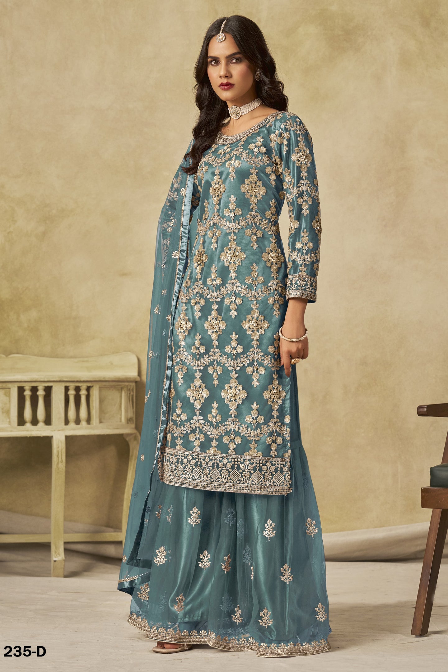 Rama Net Plazo Suit Design for Wedding with Thread and Sequins Embroidery