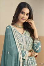 Teal Georgette Anarkali Dress for Sangeet with Thread Sequins Embroidery