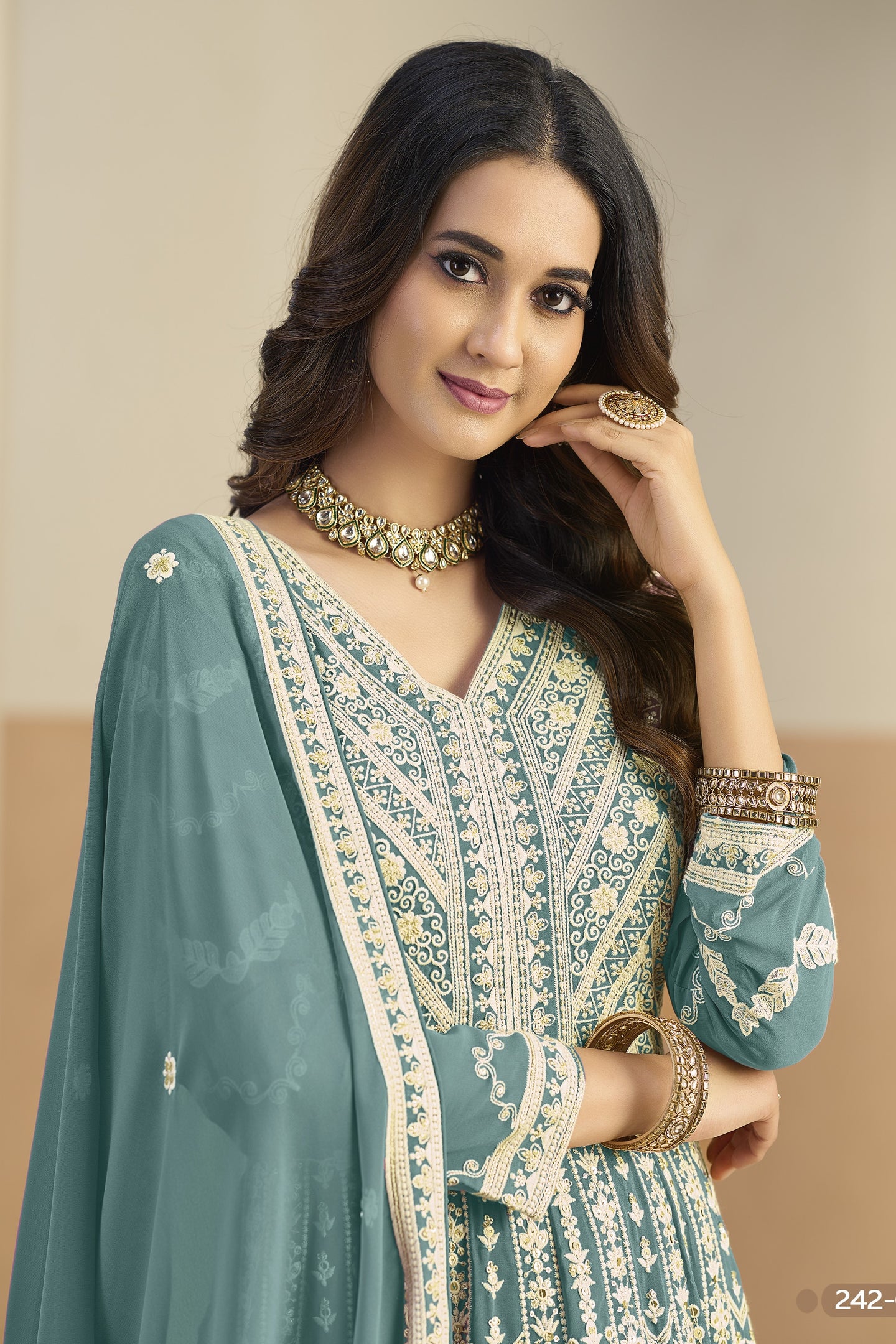 Teal Georgette Anarkali Dress for Sangeet with Thread Sequins Embroidery