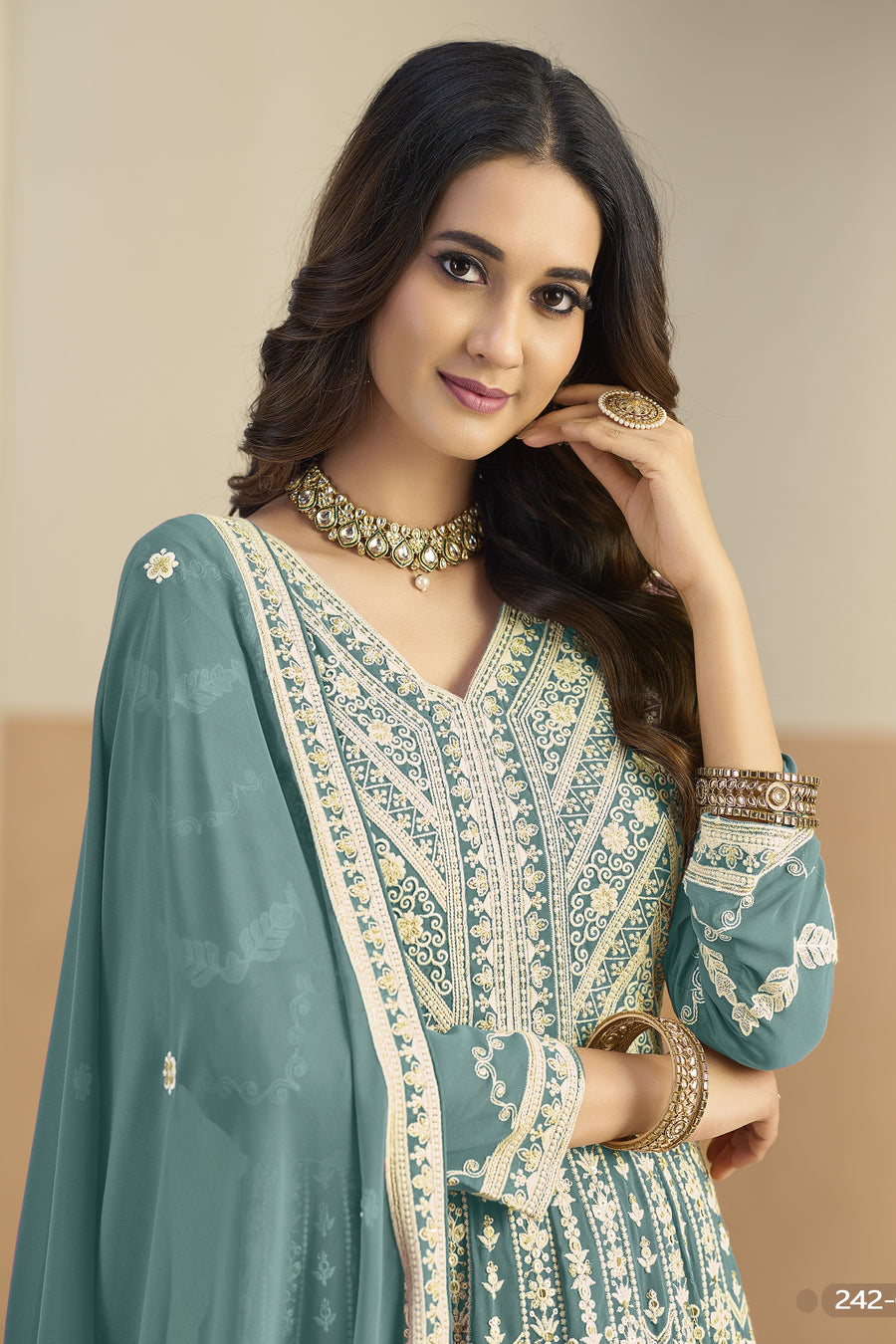 Teal Georgette Anarkali Dress for Sangeet with Thread Sequins Embroidery