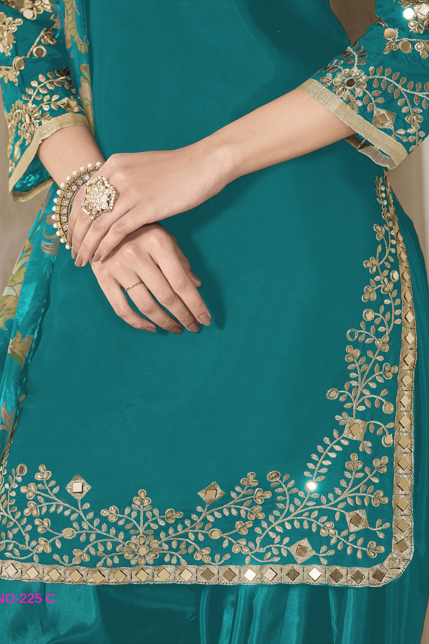 Rama Chinon Silk Pakistani Skirt Suits for Weddings with Zari and Mirror Work