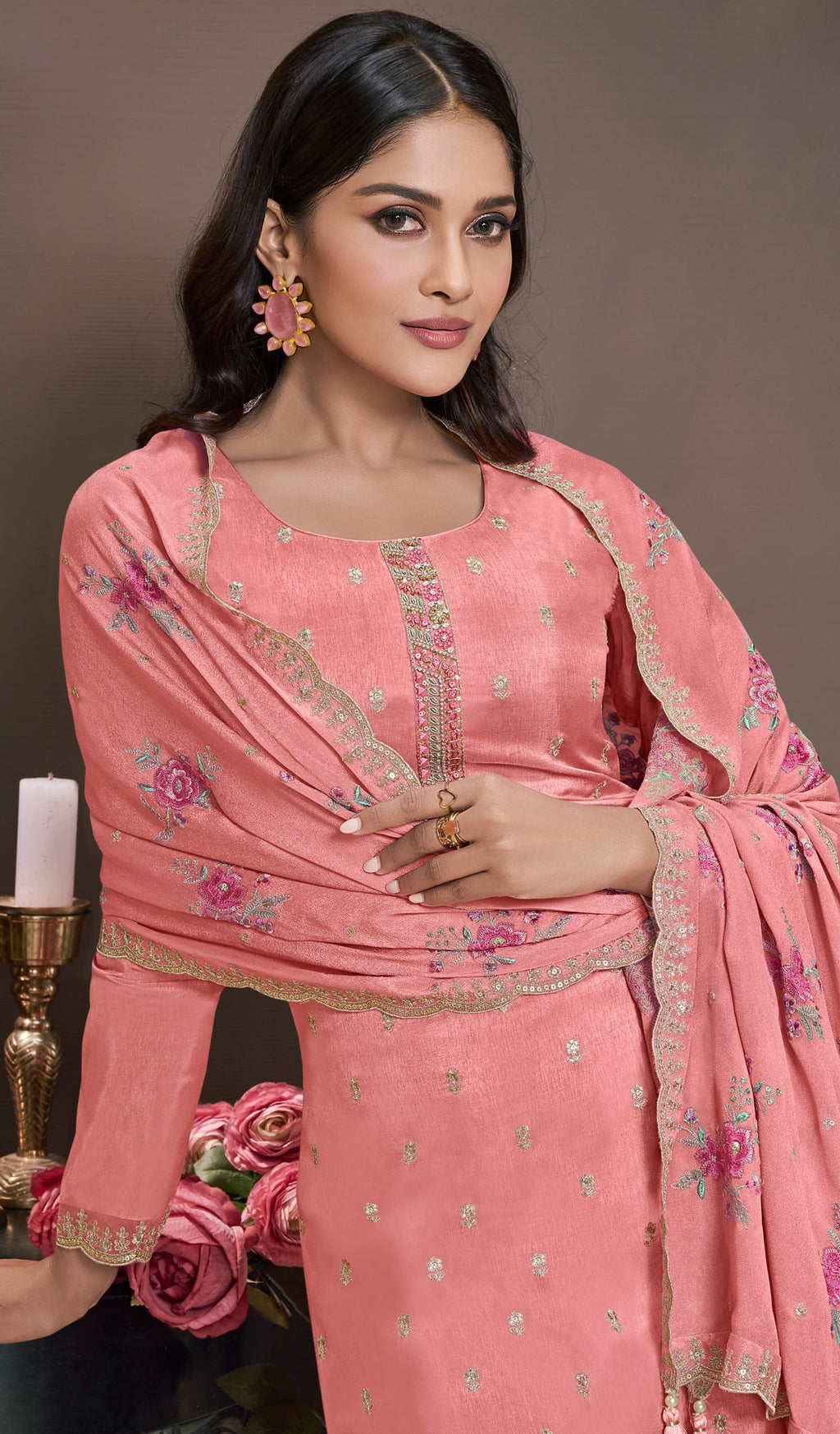 Pink Chinon Silk Kameez with Pant For Ladies Indian Festivals & Weddings - Embroidery Work