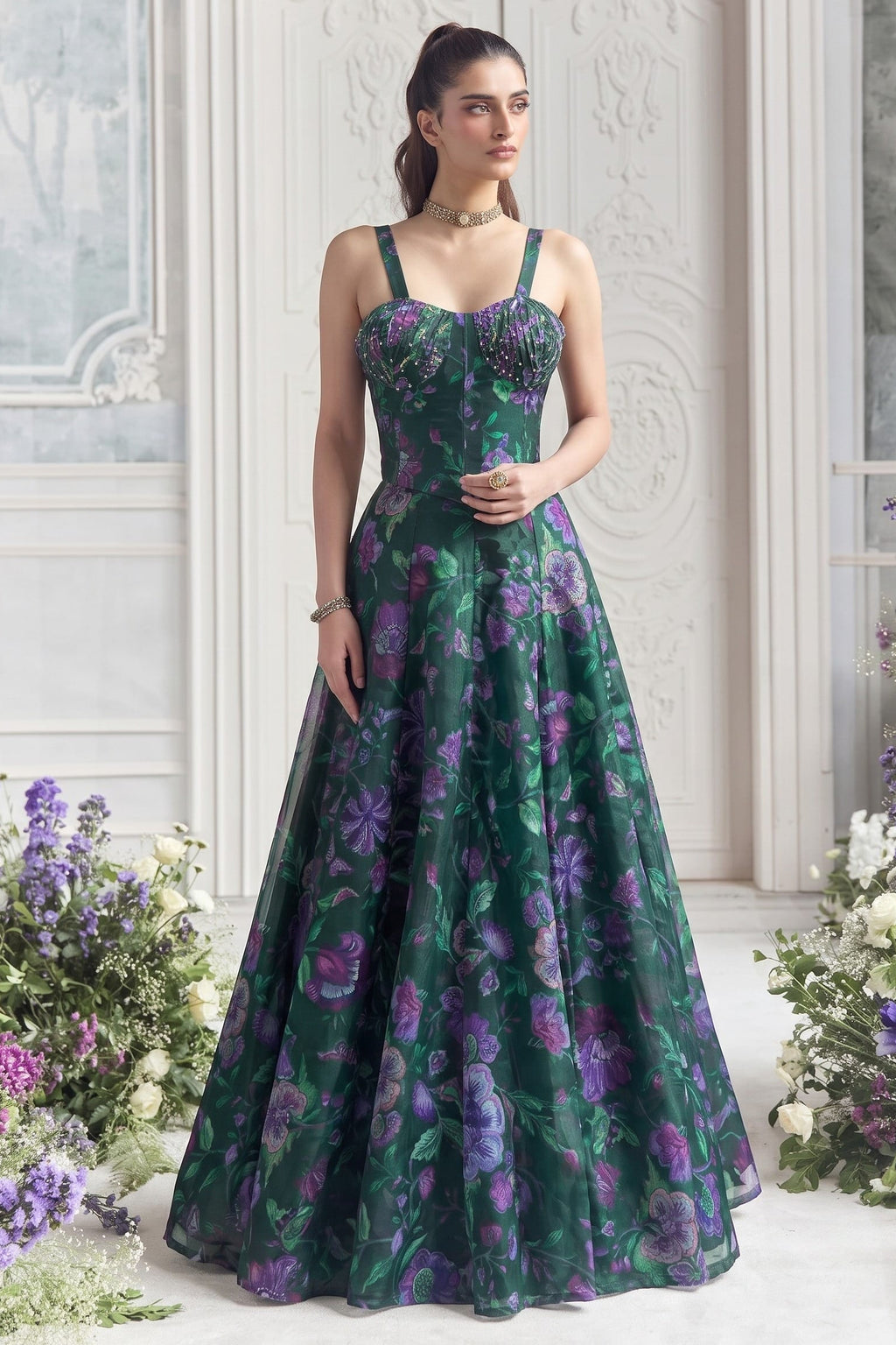 Bottle green reception lehenga with  sweetheart blouse and flared organza lehenga skirt.
