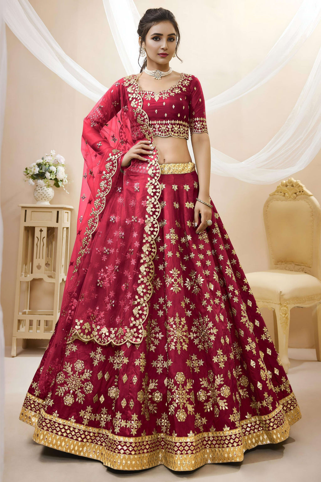 Red Art Silk Lehenga Choli For Indian & Pakistani Wedding Festival - Sequins & Thread Embroidery Work, Zari Work