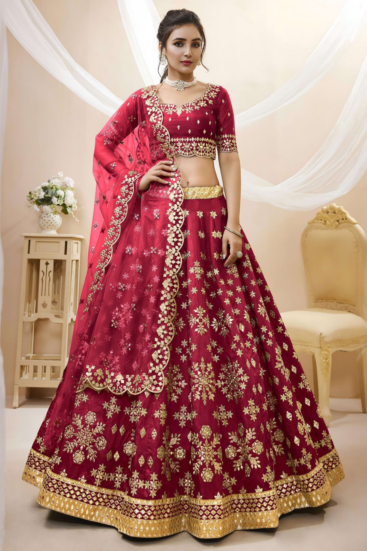 Red Art Silk Lehenga Choli For Indian & Pakistani Wedding Festival - Sequins & Thread Embroidery Work, Zari Work