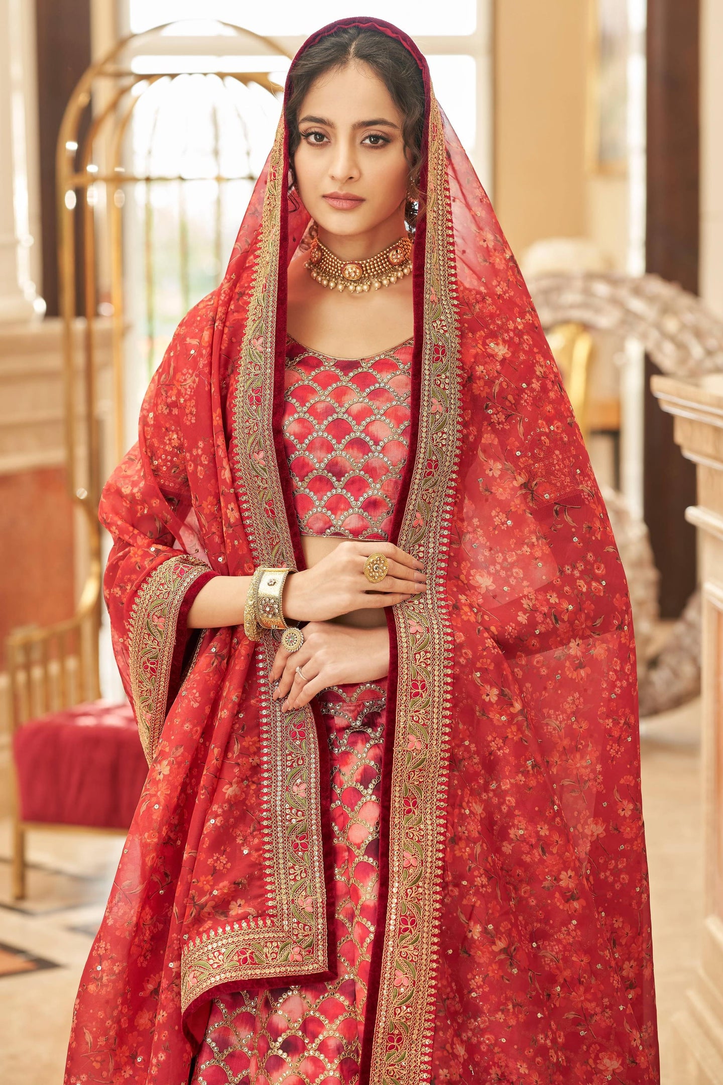 Red Art Silk Lehenga Choli For Indian & Pakistani Wedding Festival - Sequins & Thread Embroidery Work, Dori Work, Zari Work