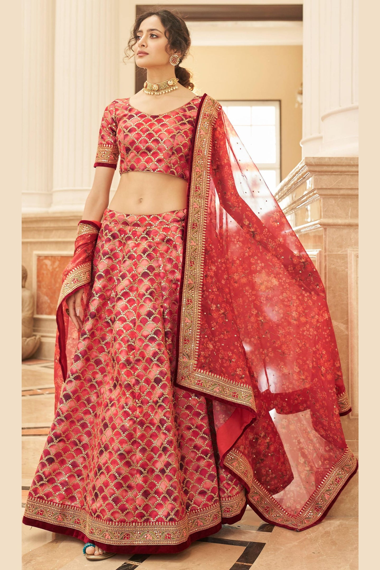 Red Art Silk Lehenga Choli For Indian & Pakistani Wedding Festival - Sequins & Thread Embroidery Work, Dori Work, Zari Work