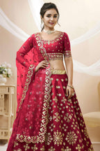 Red Art Silk Lehenga Choli For Indian & Pakistani Wedding Festival - Sequins & Thread Embroidery Work, Zari Work