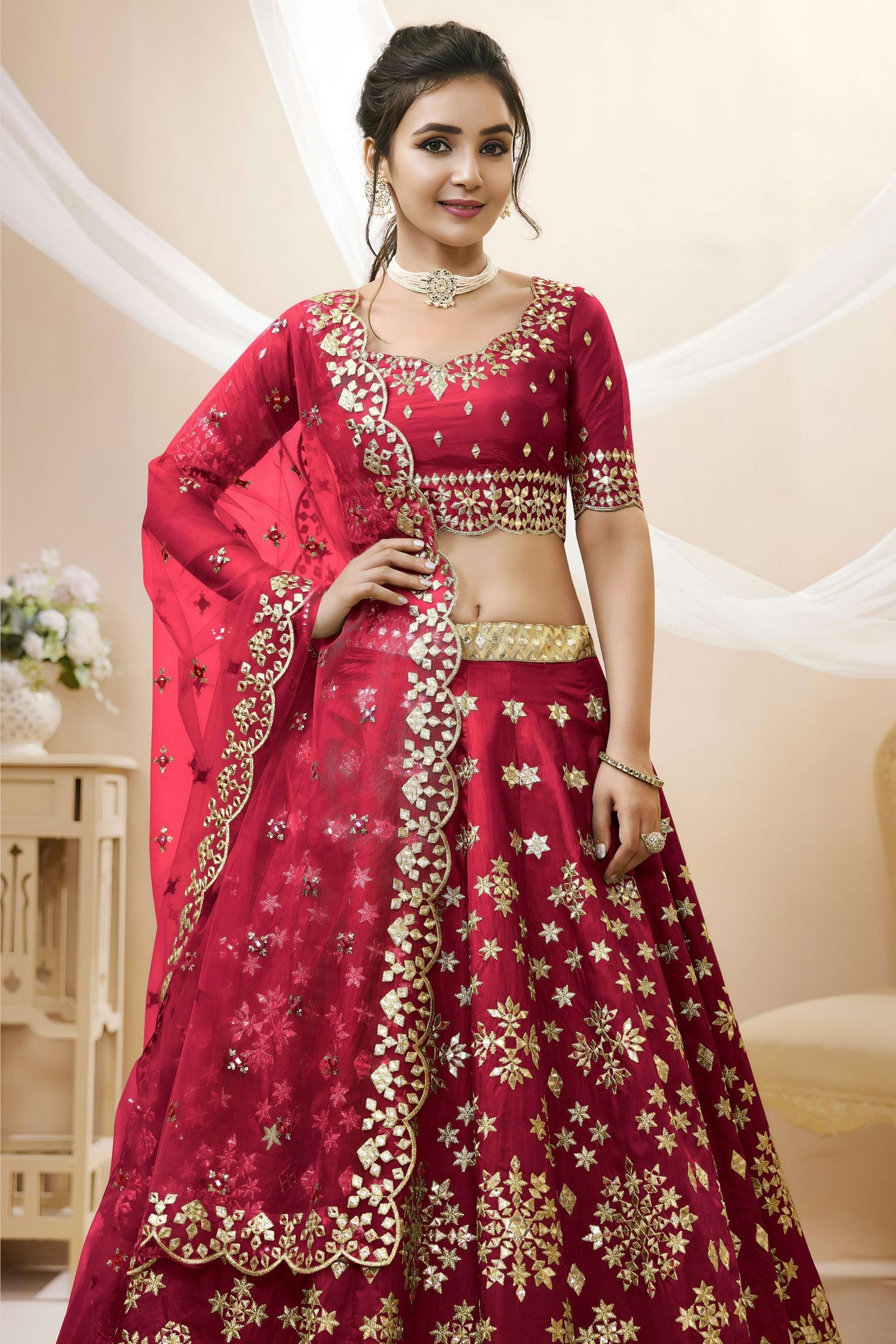 Red Art Silk Lehenga Choli For Indian & Pakistani Wedding Festival - Sequins & Thread Embroidery Work, Zari Work