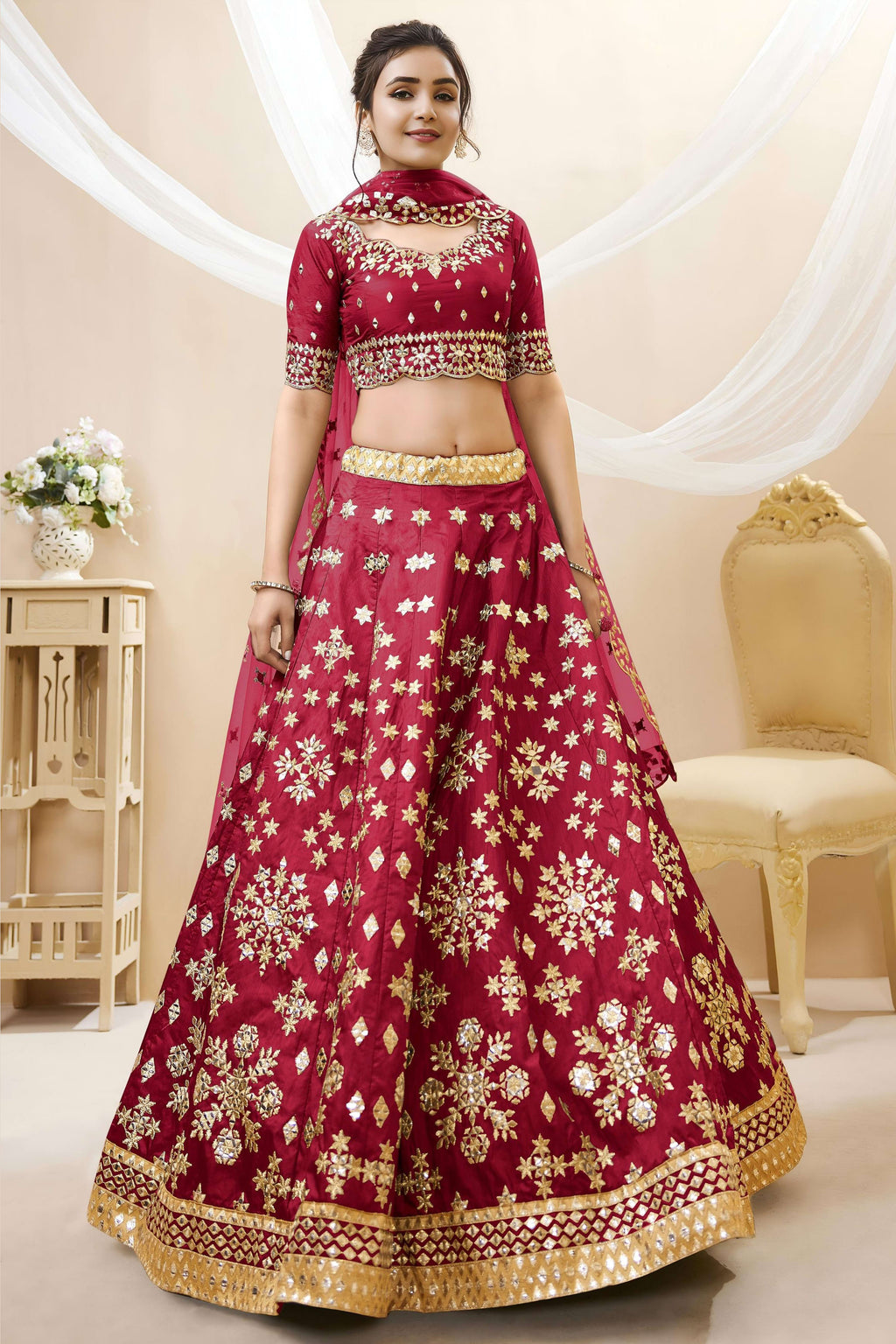 Red Art Silk Lehenga Choli For Indian & Pakistani Wedding Festival - Sequins & Thread Embroidery Work, Zari Work
