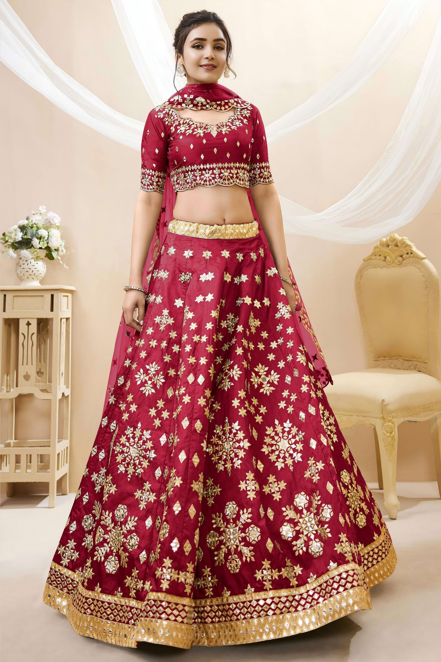 Red Art Silk Lehenga Choli For Indian & Pakistani Wedding Festival - Sequins & Thread Embroidery Work, Zari Work