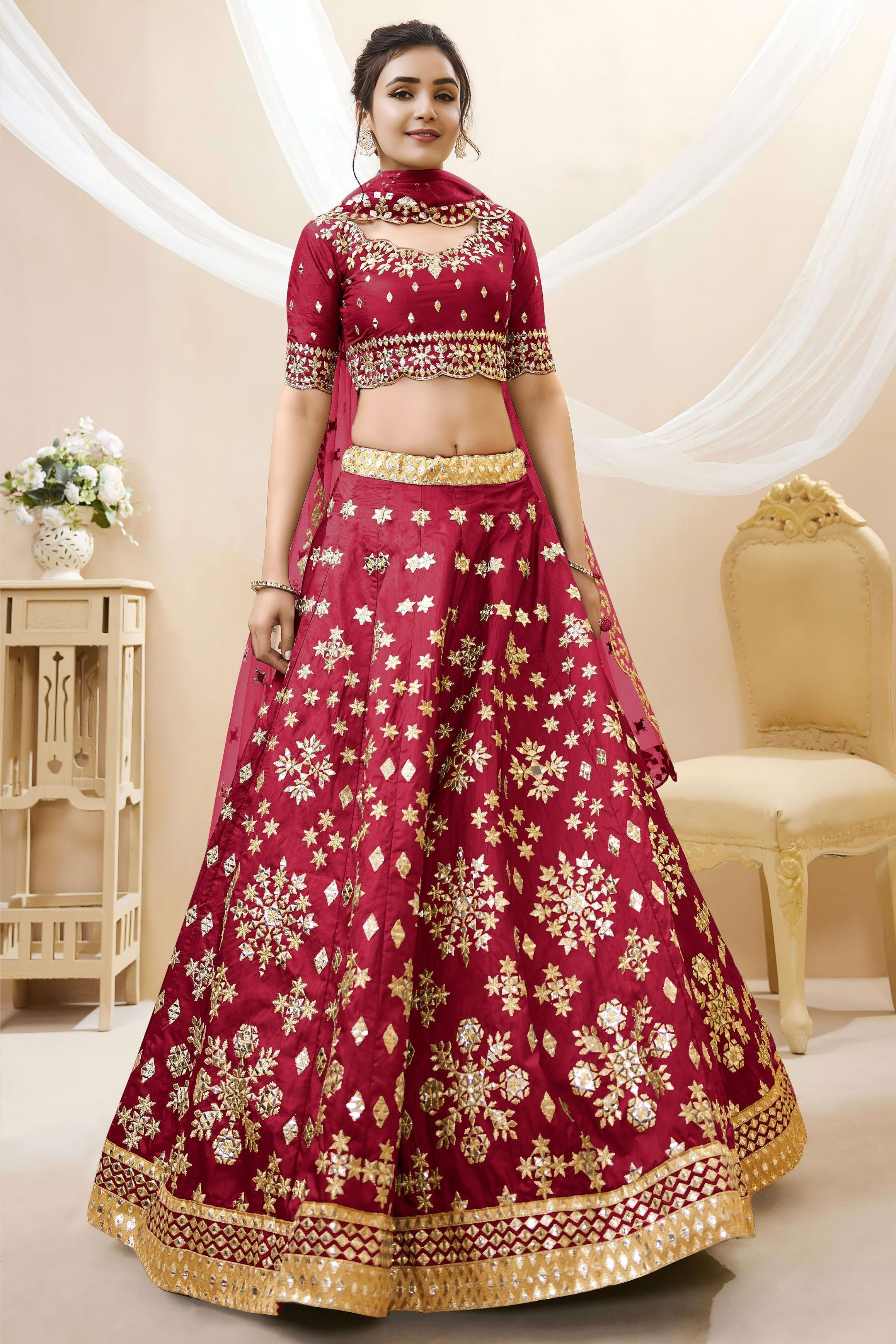 Red Art Silk Lehenga Choli For Indian & Pakistani Wedding Festival - Sequins & Thread Embroidery Work, Zari Work