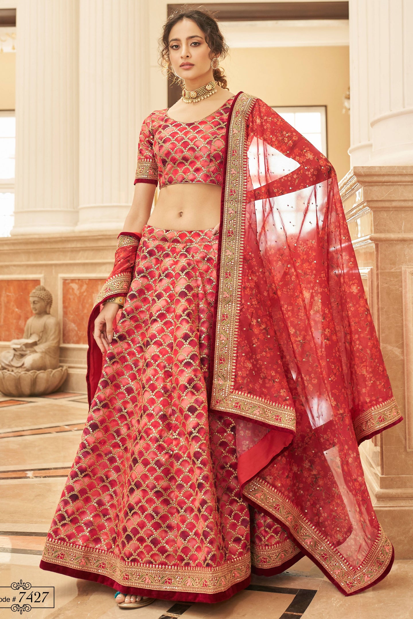 Red Art Silk Lehenga Choli For Indian & Pakistani Wedding Festival - Sequins & Thread Embroidery Work, Dori Work, Zari Work