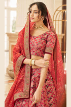 Red Art Silk Lehenga Choli For Indian & Pakistani Wedding Festival - Sequins & Thread Embroidery Work, Dori Work, Zari Work