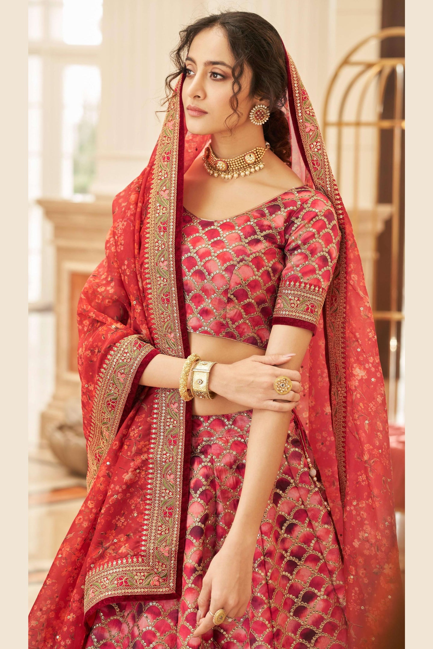 Red Art Silk Lehenga Choli For Indian & Pakistani Wedding Festival - Sequins & Thread Embroidery Work, Dori Work, Zari Work