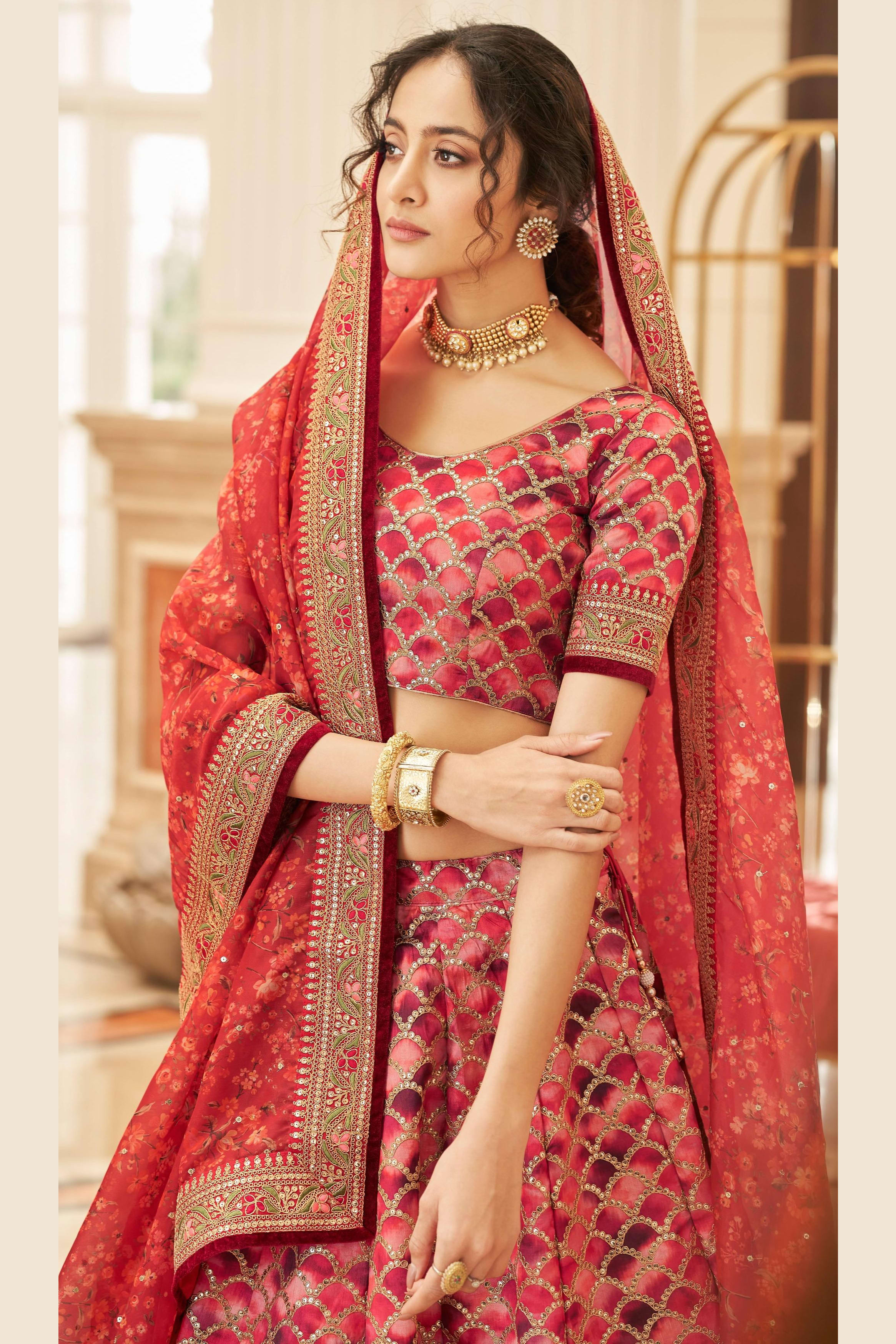 Red Art Silk Lehenga Choli For Indian & Pakistani Wedding Festival - Sequins & Thread Embroidery Work, Dori Work, Zari Work