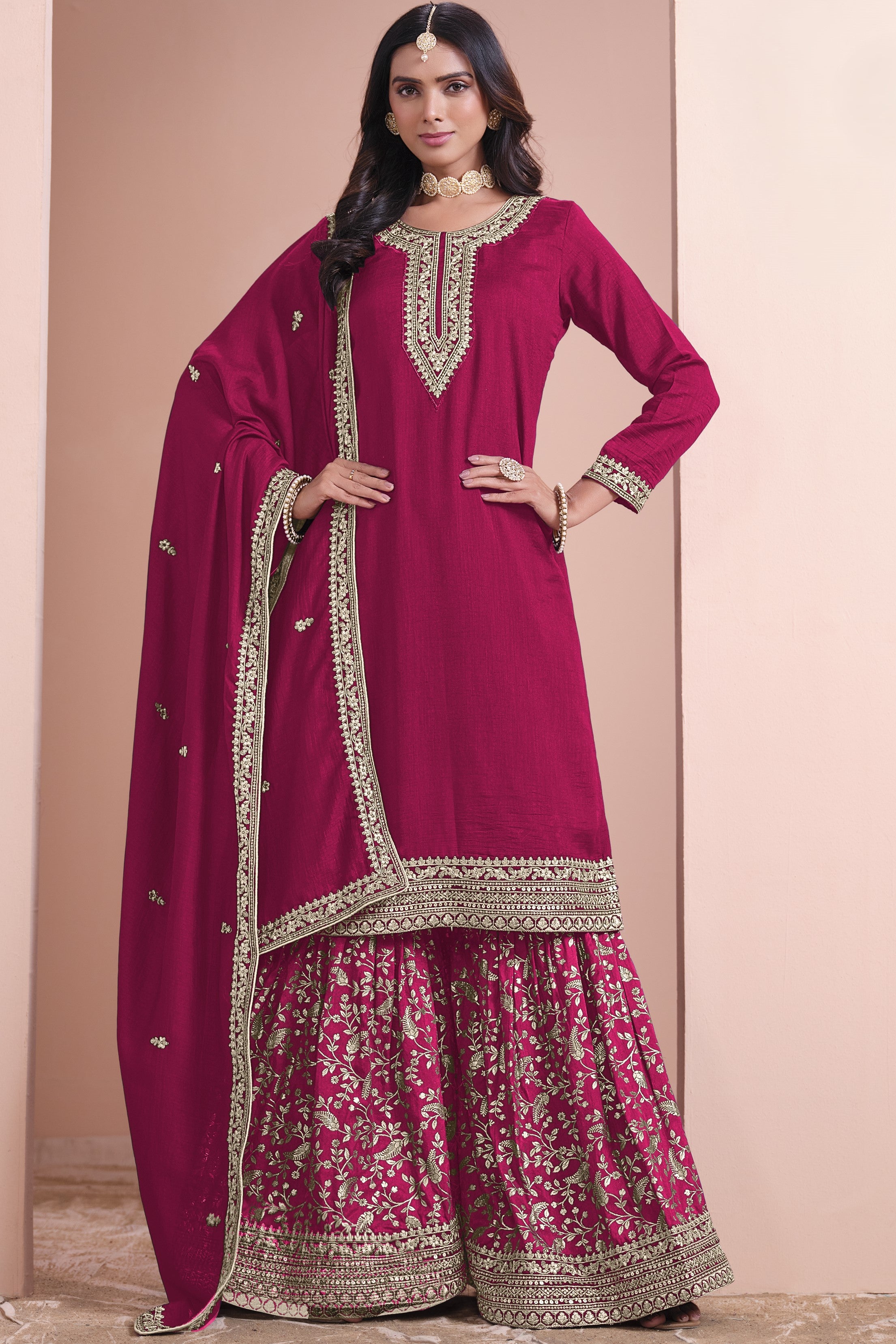 Red Art Silk Palazzo Suit For Indian Wedding & Pakistani Festival - Embroidery Work