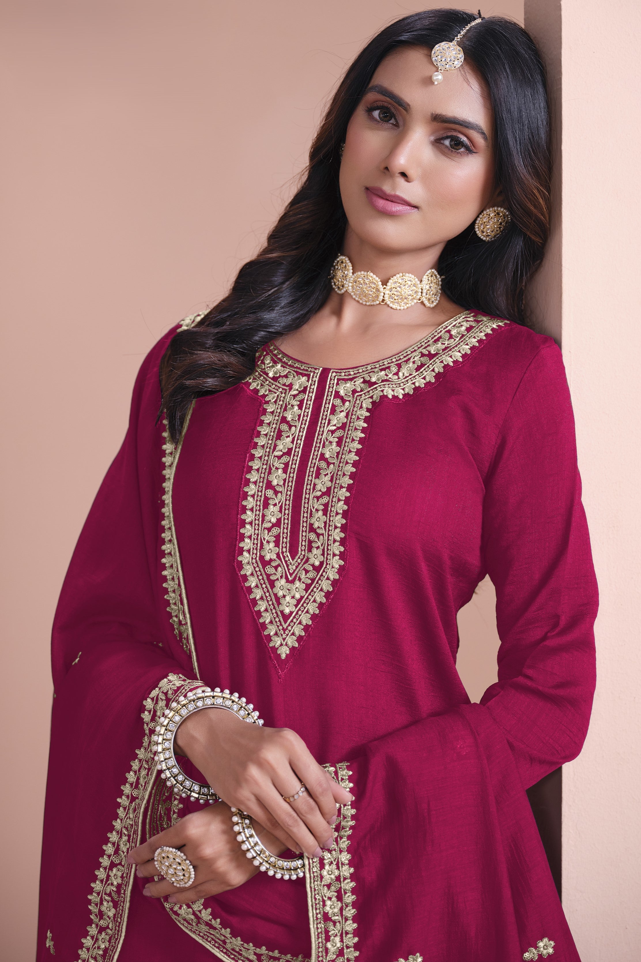 Red Art Silk Palazzo Suit For Indian Wedding & Pakistani Festival - Embroidery Work