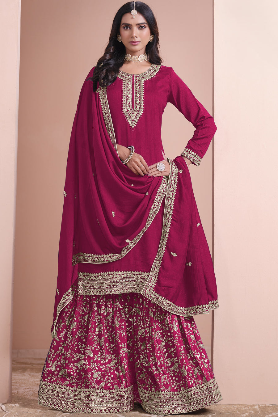 Red Art Silk Palazzo Suit For Indian Wedding & Pakistani Festival - Embroidery Work