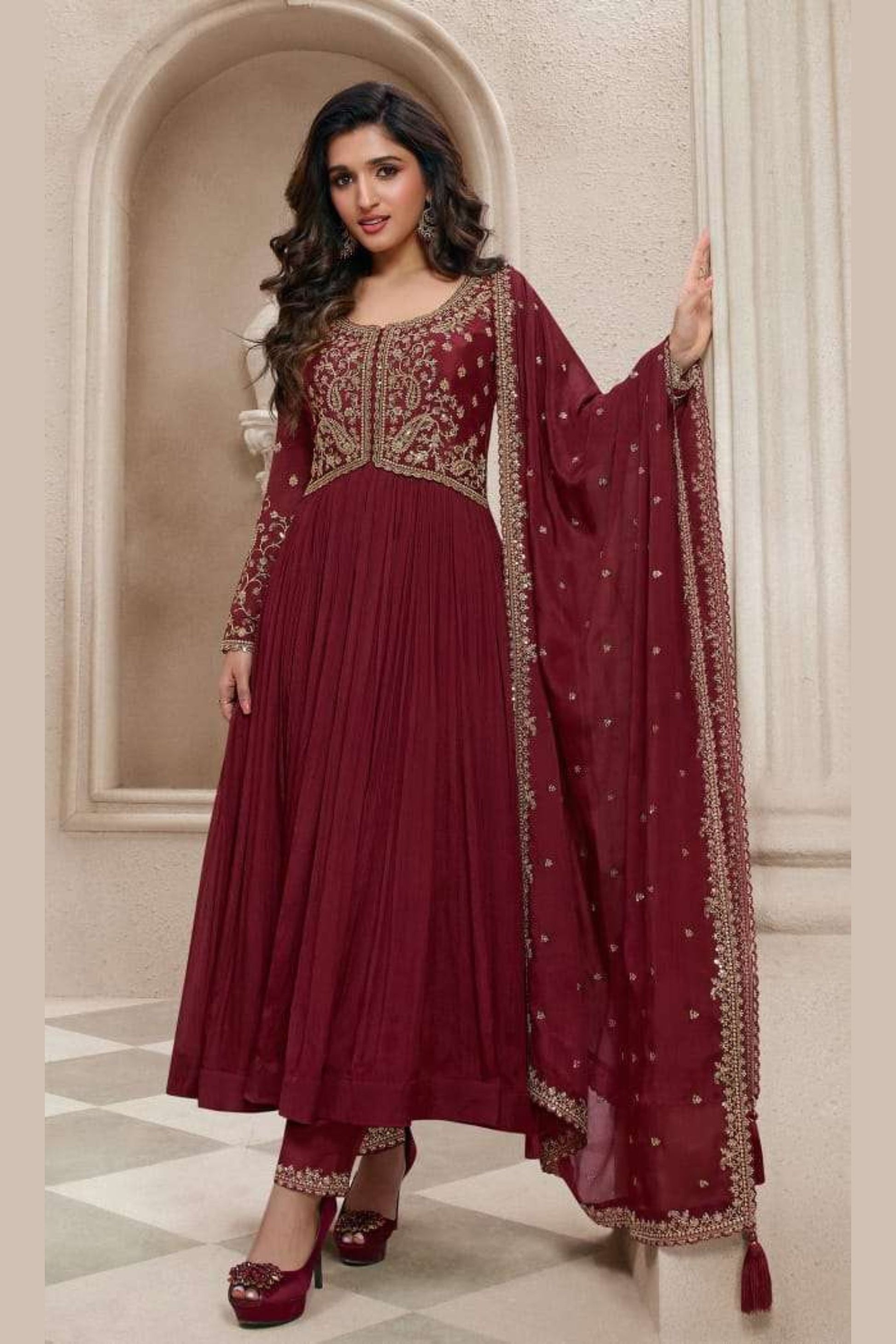 Red Chinon Silk Anarkali Suit For Indian Festivals & Pakistani Weddings Dress - Embroidery Work