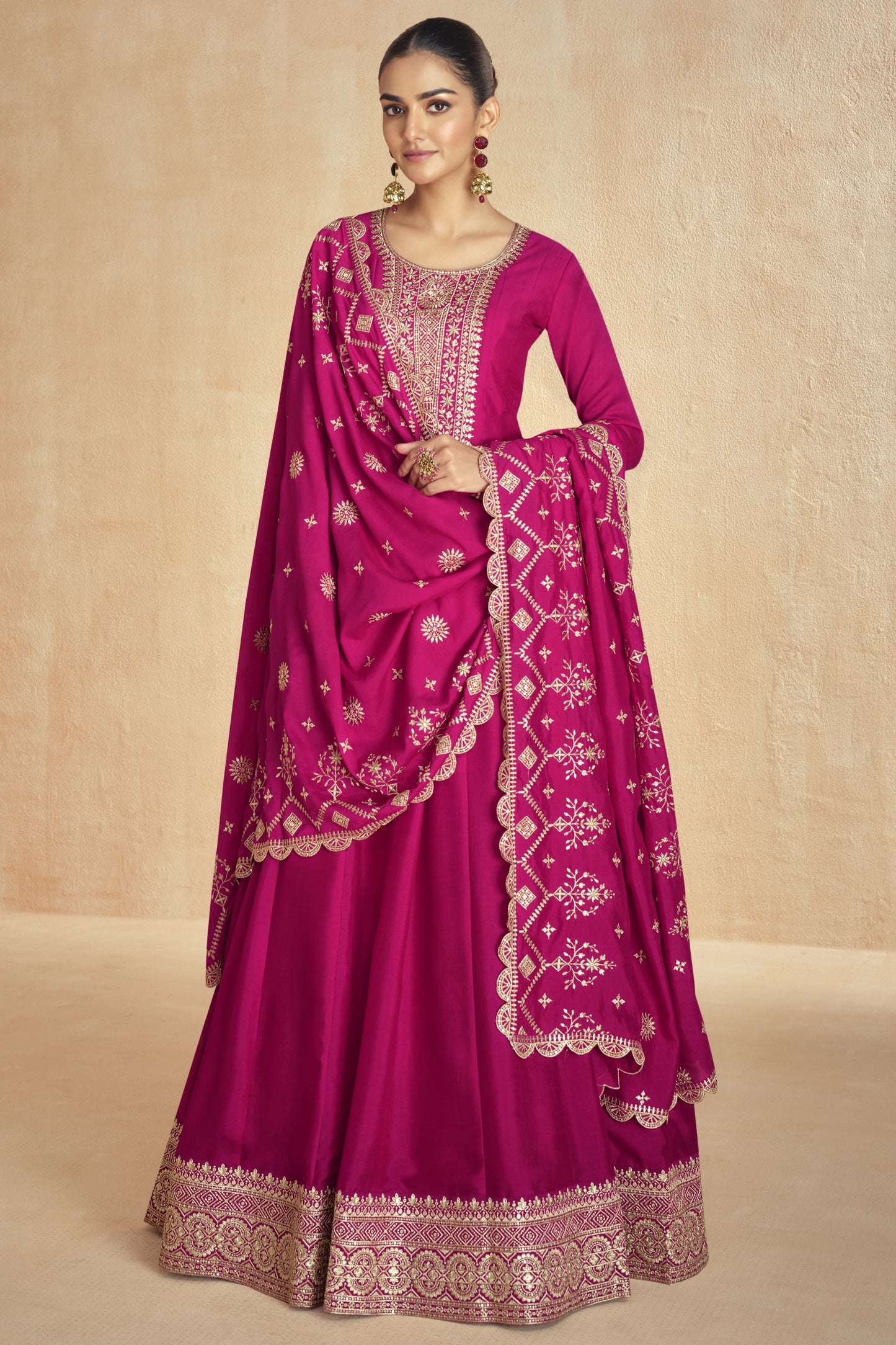 Red Chinon Silk Floor Full Length Anarkali Gown For Indian Festivals & Weddings - Embroidery Work