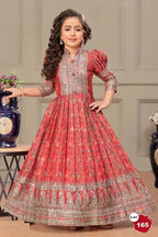 Red Chinon Silk Kids Wear Girls Flower Printed Gown with Dupatta Suit for Kids for Festivals & Wedding - Sequence Embroidery Work, Print Work