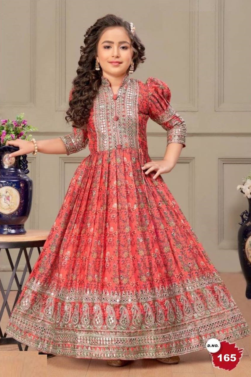 Red Chinon Silk Kids Wear Girls Flower Printed Gown with Dupatta Suit for Kids for Festivals & Wedding - Sequence Embroidery Work, Print Work