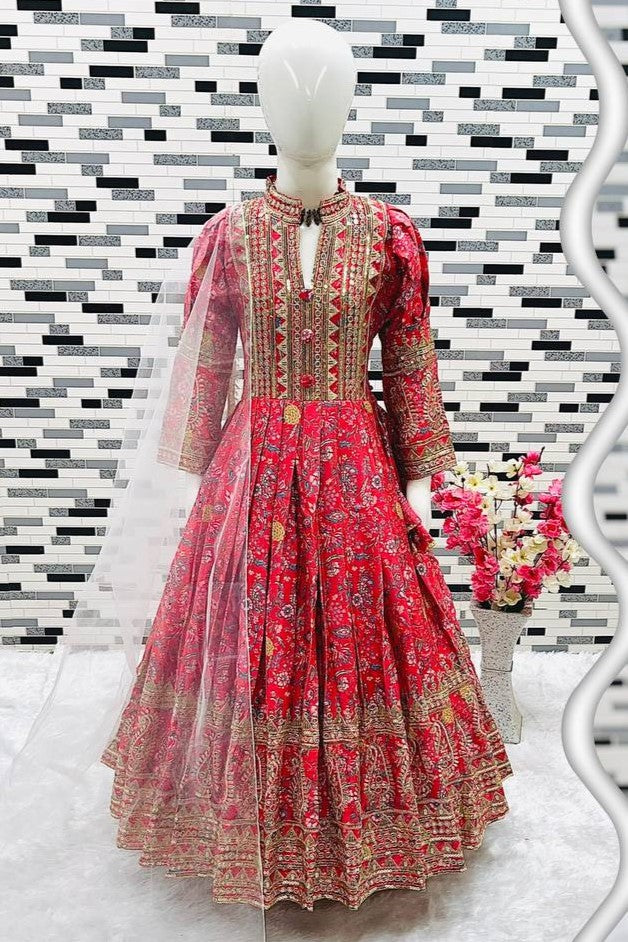 Red Chinon Silk Kids Wear Girls Flower Printed Gown with Dupatta Suit for Kids for Festivals & Wedding - Sequence Embroidery Work, Print Work