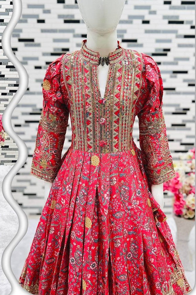 Red Chinon Silk Kids Wear Girls Flower Printed Gown with Dupatta Suit for Kids for Festivals & Wedding - Sequence Embroidery Work, Print Work