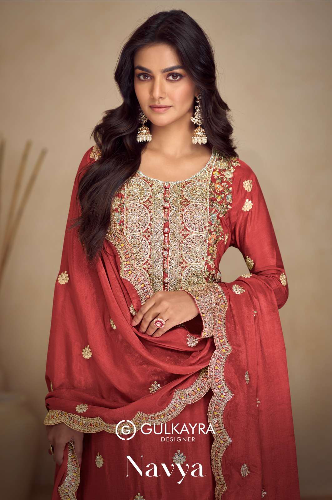 Red Chinon Silk Plazo Dress for Women with Embroidery