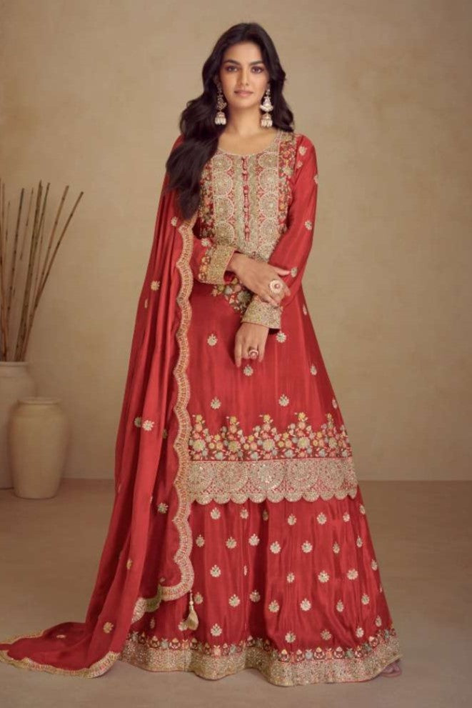 Red Chinon Silk Plazo Dress for Women with Embroidery