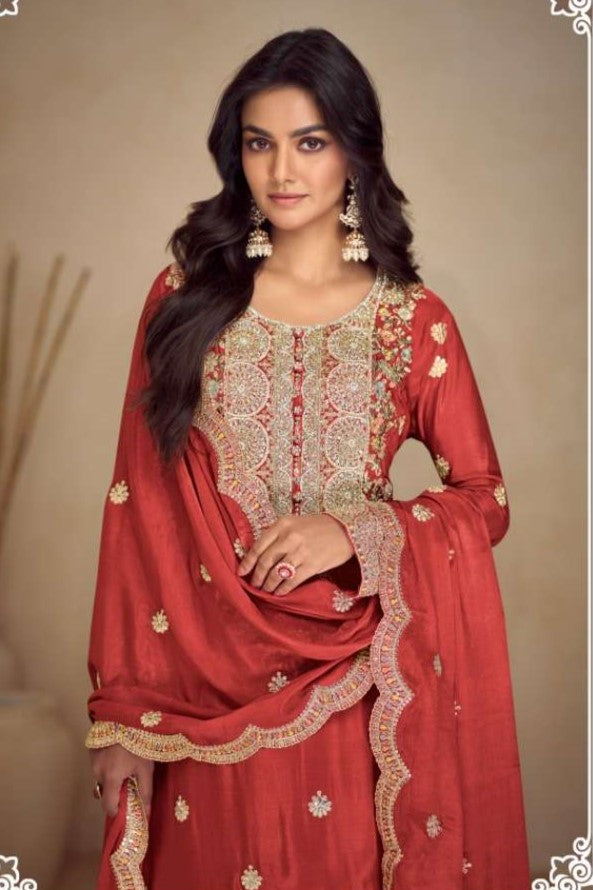 Red Chinon Silk Plazo Dress for Women with Embroidery
