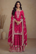 Red Chinon Silk Palazzo Suit For Indian Weddings & Pakitani Festival - Embroidery Work