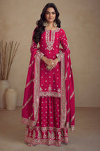 Red Chinon Silk Palazzo Suit For Indian Weddings & Pakitani Festival - Embroidery Work